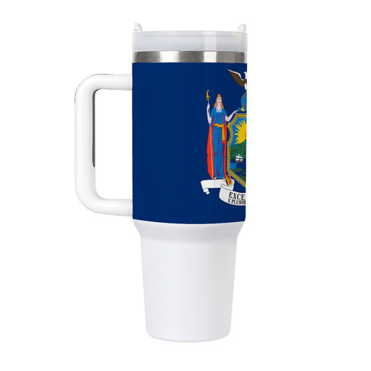New York Flag tumbler with handle, blue design.