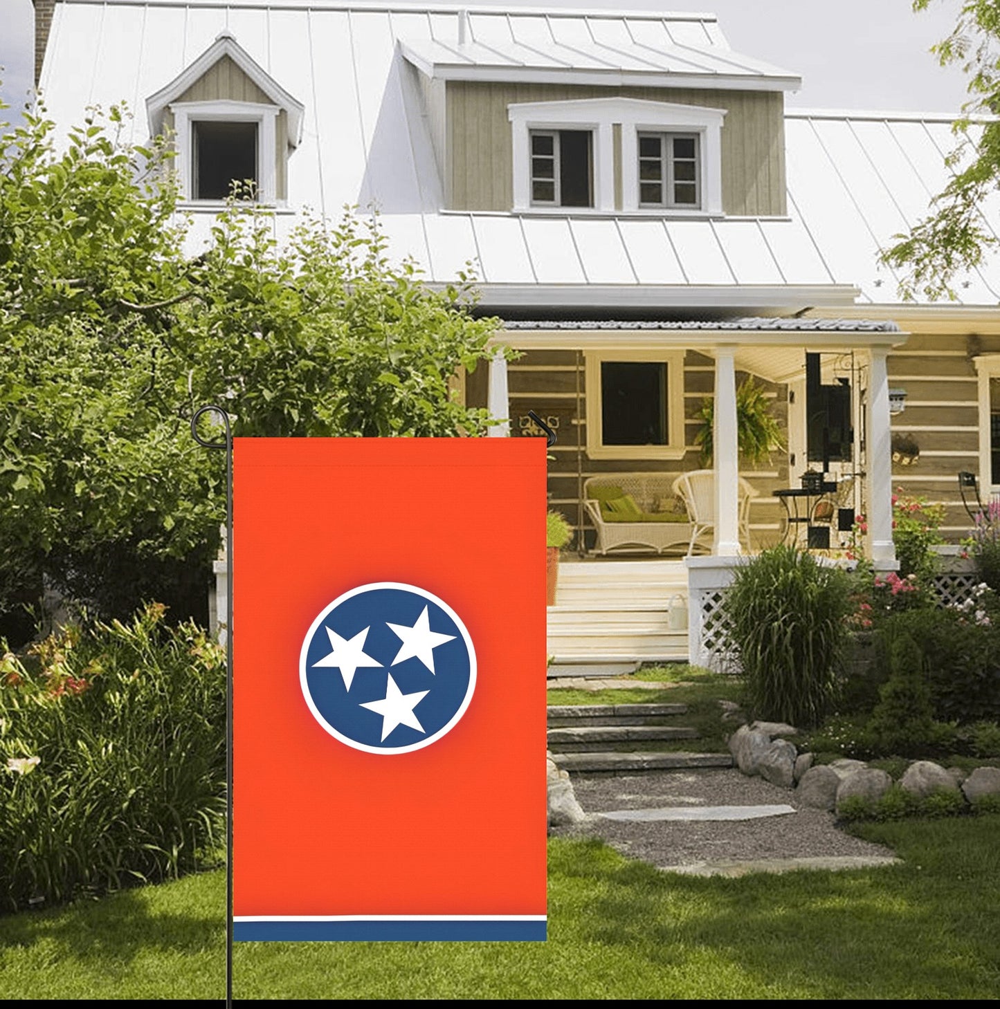 Red garden flag with three stars, Luv My Flag.