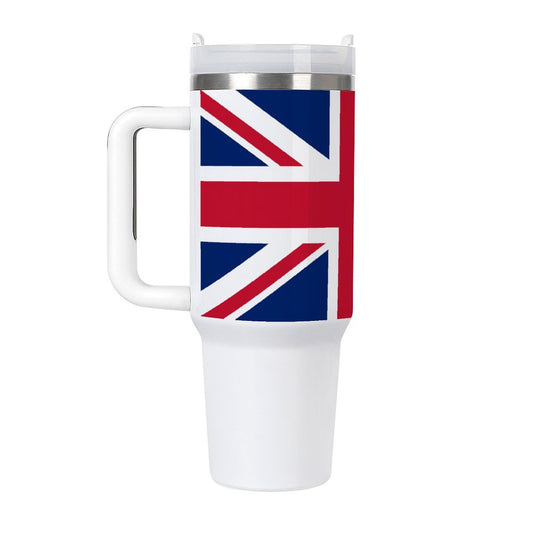 UK Flag tall white tumbler with handle.