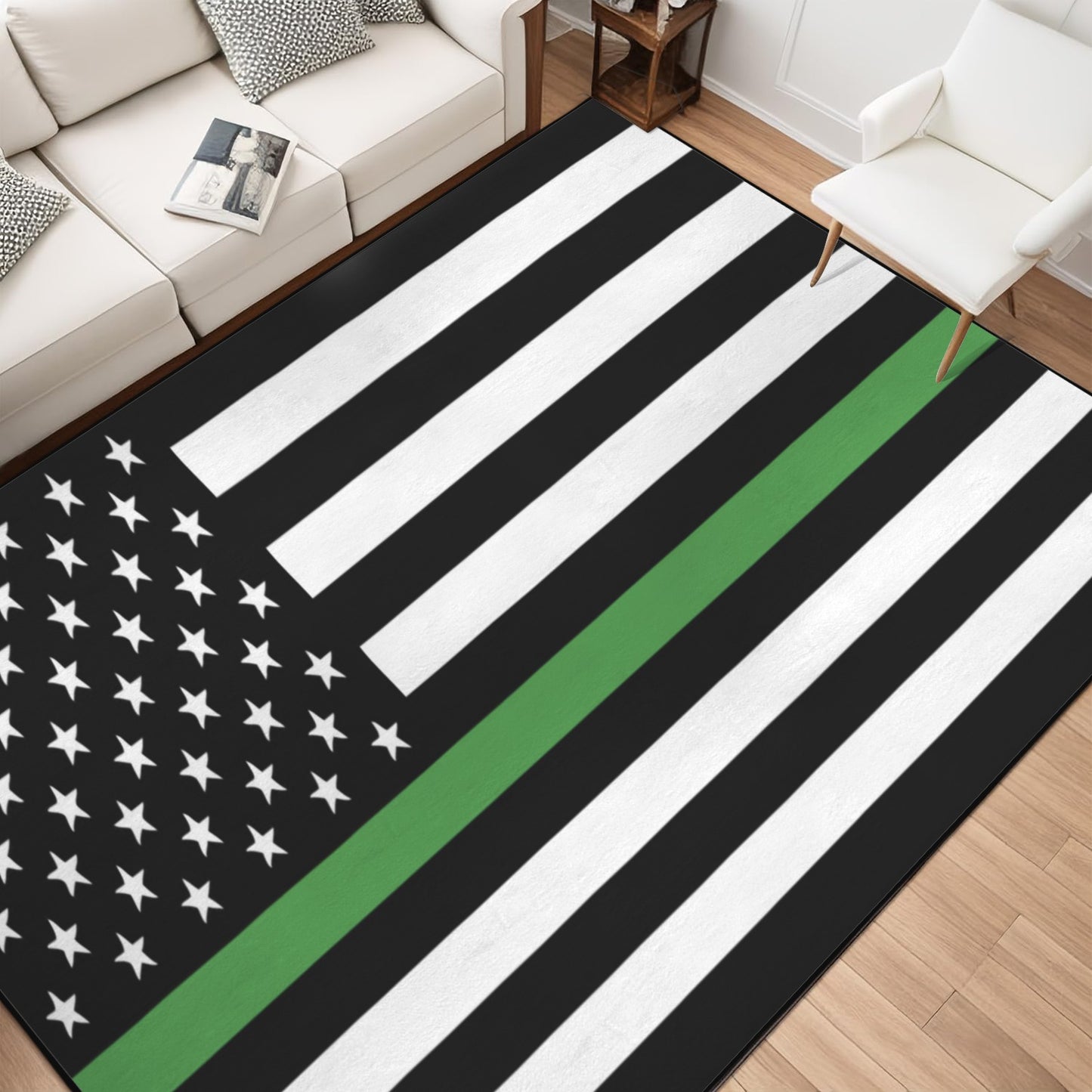 Thin Green Line Flag Inspired 84x60 Inch Area Rug with Black Binding (Made in the USA)