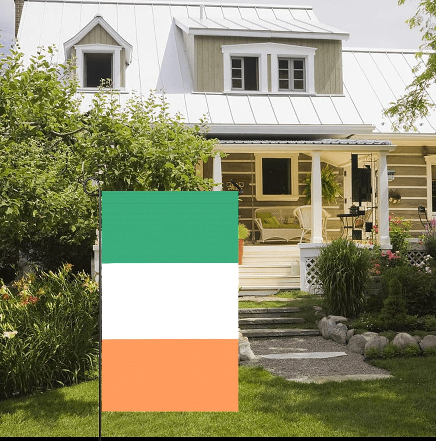 Front yard with Irish flag by Luv My Flag.