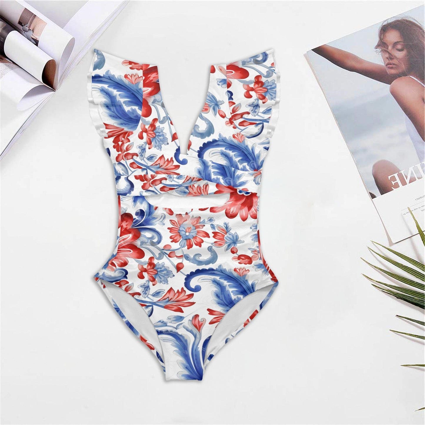 USA/American Flag Inspired Paisley/Floral Pattern Women's Twist Front Ruffle Sleeve Swimsuit