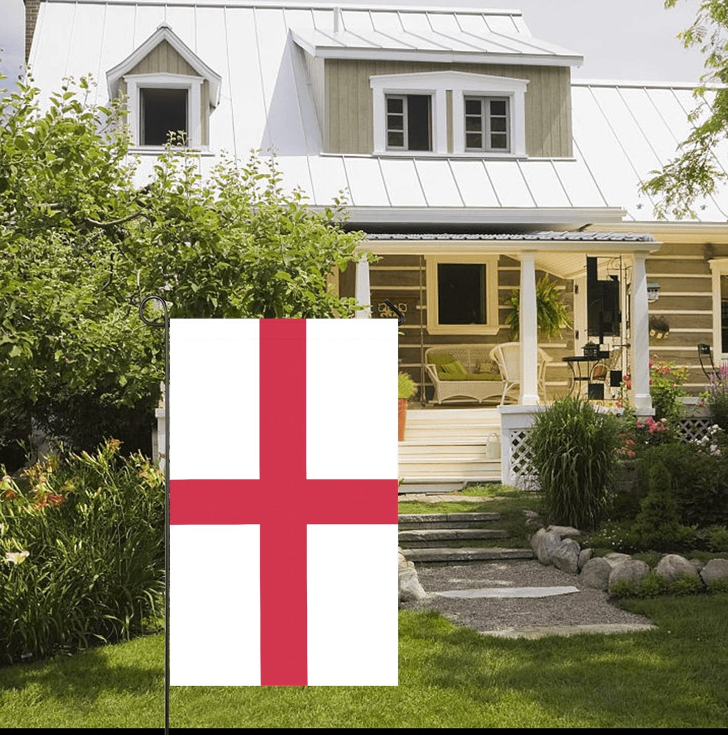 Engish flag garden banner by Luv My Flag outside home.