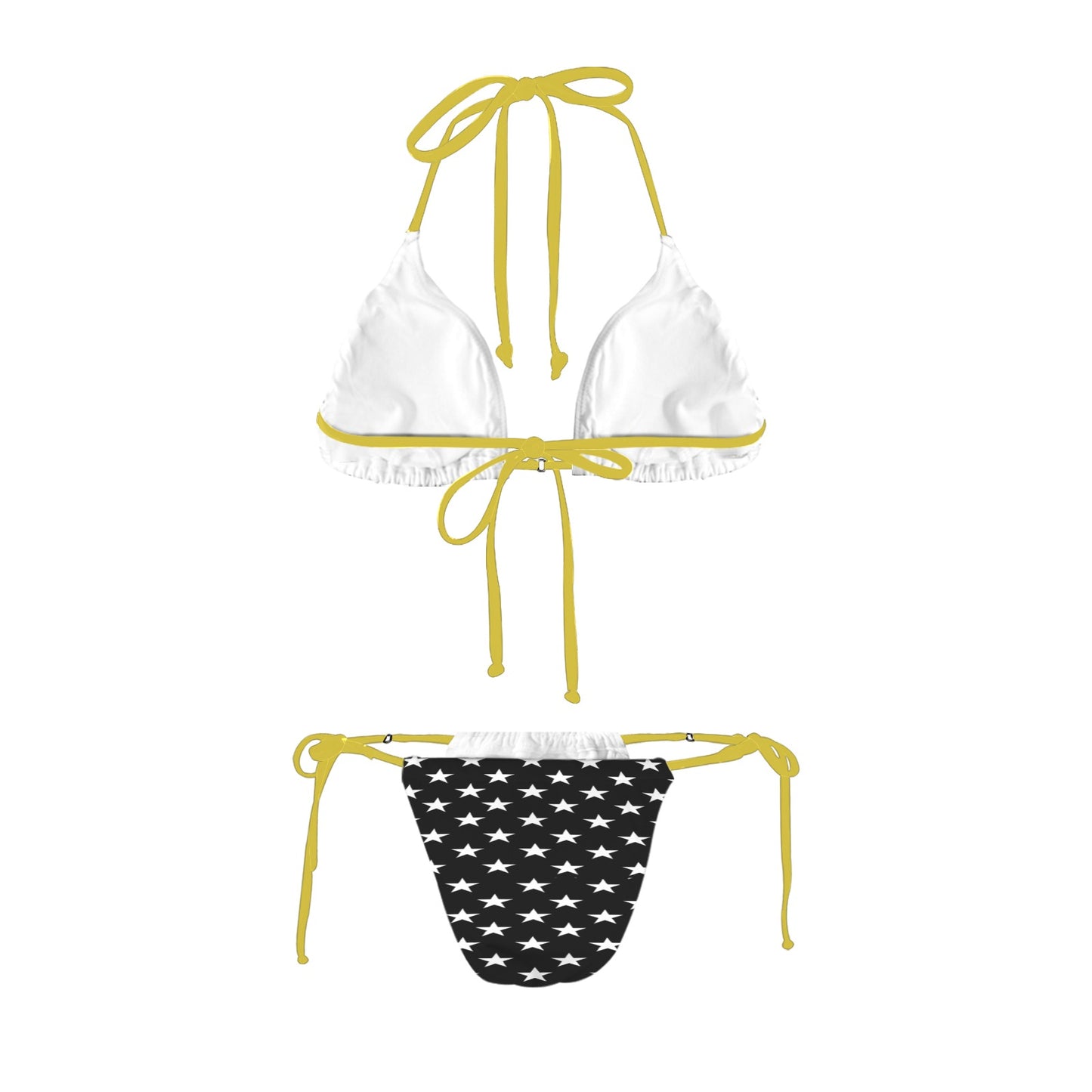 White bikini top, star-patterned bottom, yellow ties. Luv My Flag.