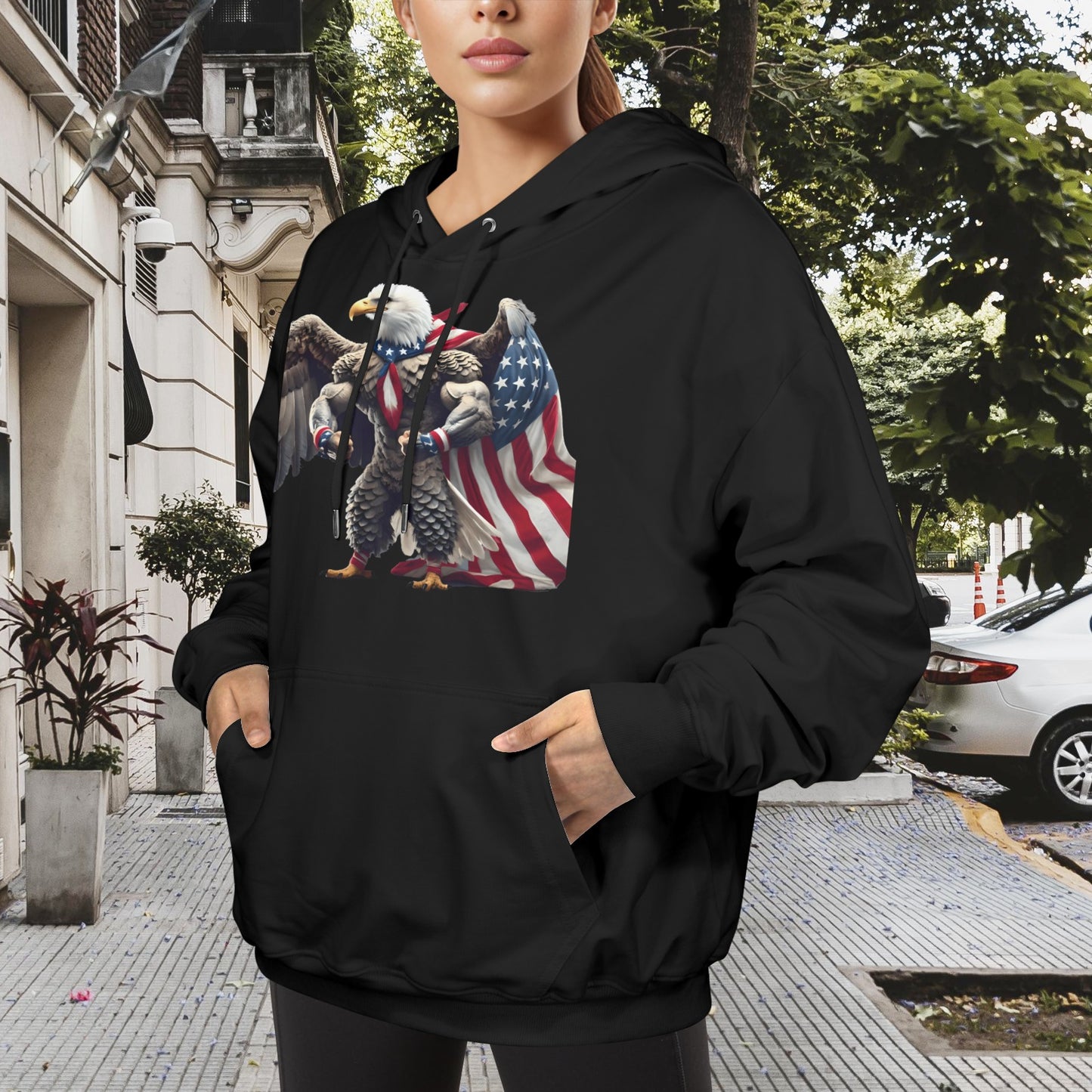USA/American Flag Inspired Bald Eagle With American Flag Cape Women's Hoodie Made in the USA