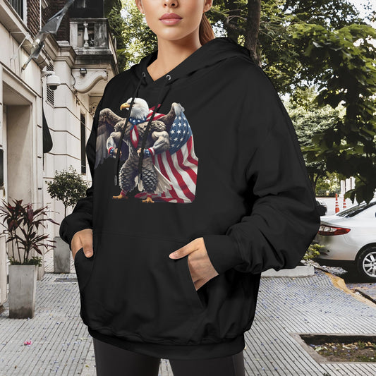 USA/American Flag Inspired Bald Eagle With American Flag Cape Women's Hoodie Made in the USA