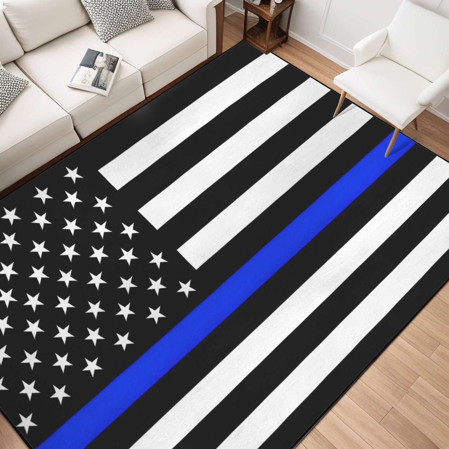 Thin Blue Line Flag Inspired 84x60 Inch Area Rug with Black Binding (Made in the USA)