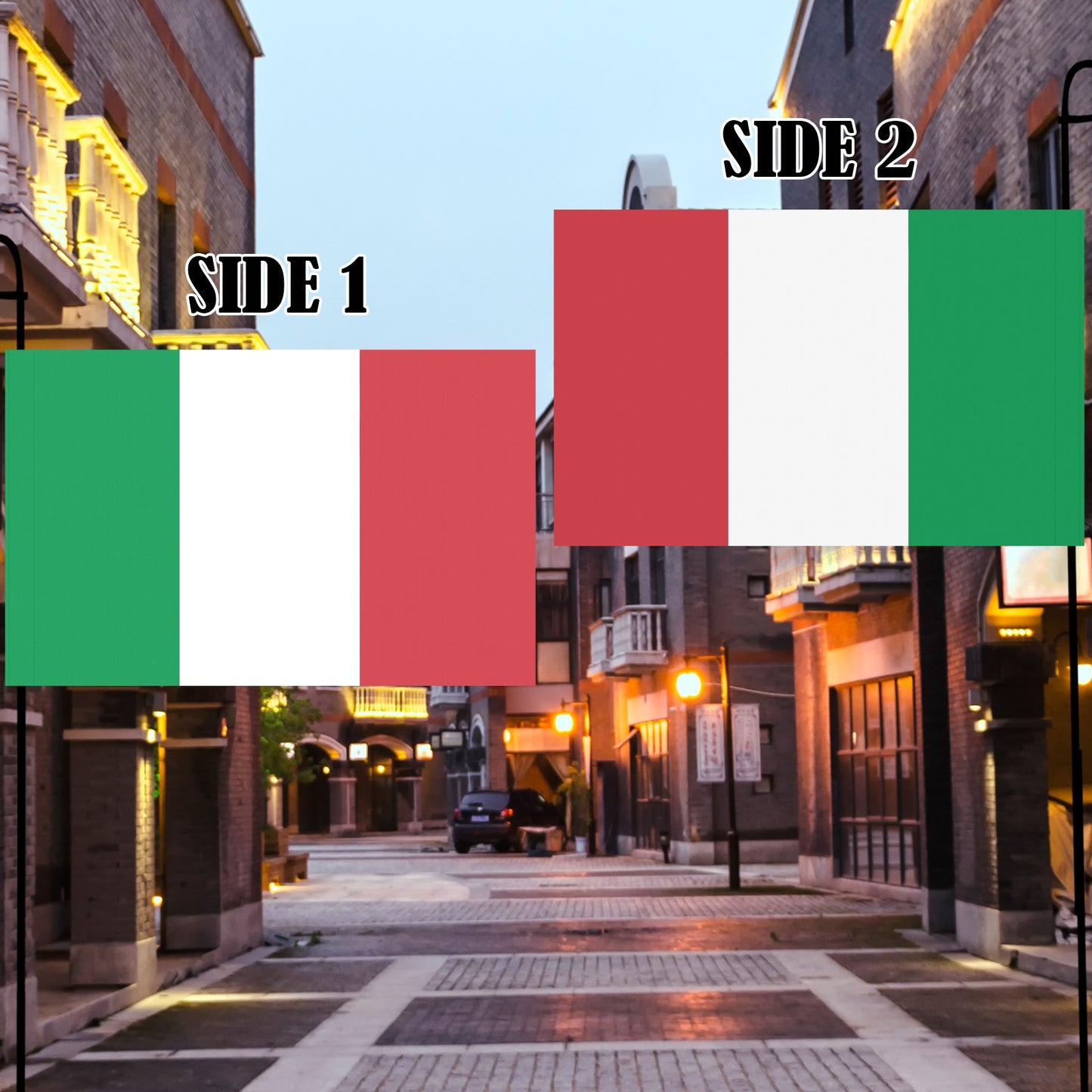 Dual-sided Italian flags displayed on a quiet street, Luv My Flag.