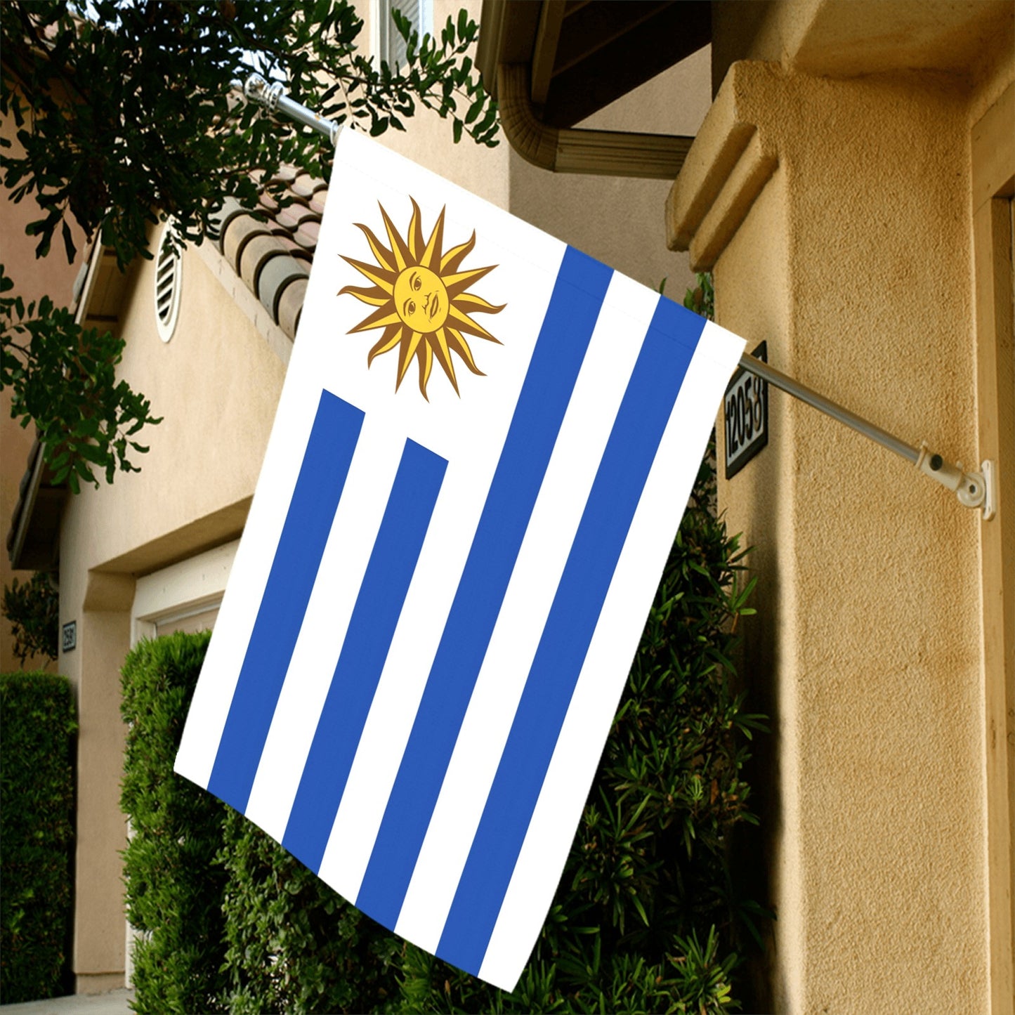 Flag with sun and stripes, displayed outdoors, by Luv My Flag.
