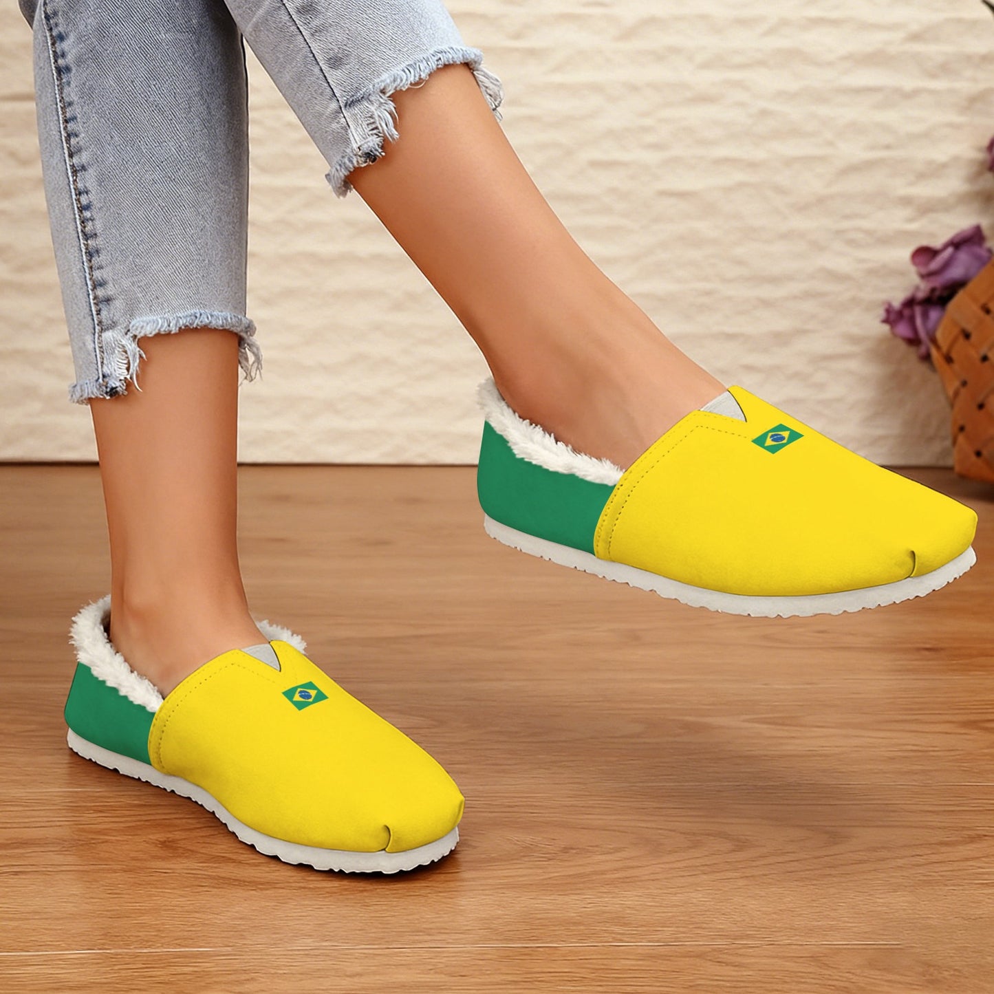 Brazil Flag Inspired Women's Fleece-Lined Canvas Slip-On
