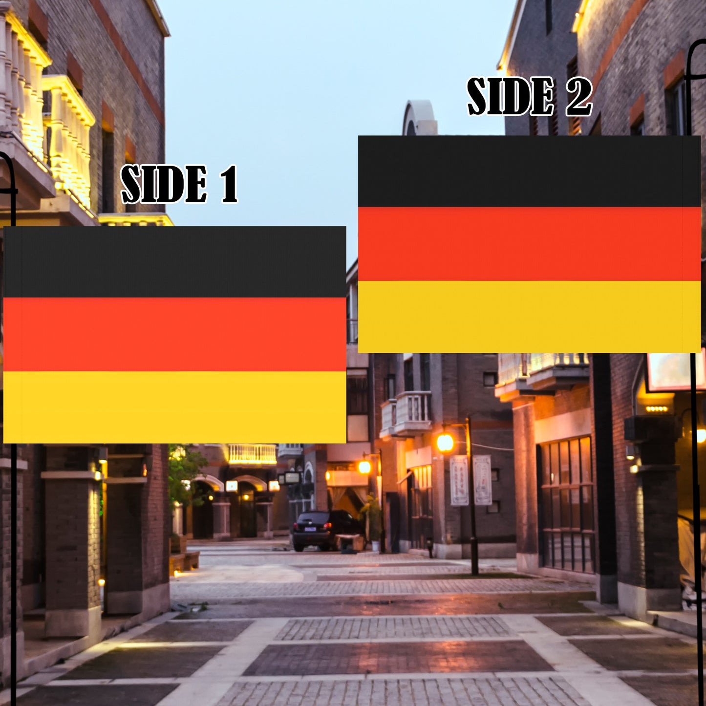 Luv My Flag Germany flags outside on cobblestone street.