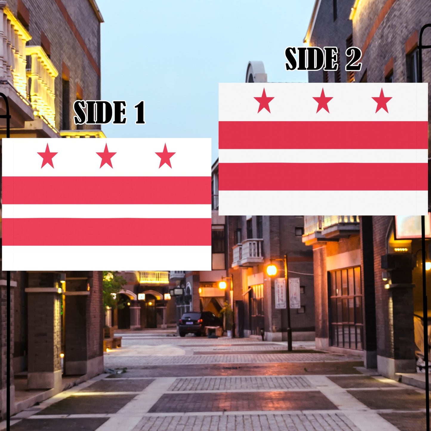 Two-sided flag by Luv My Flag displayed in street.