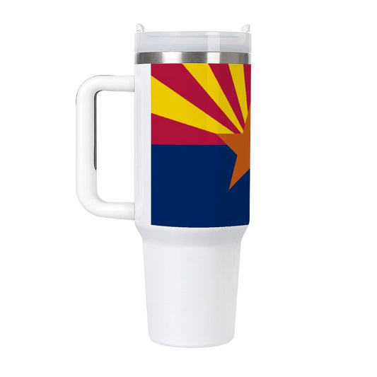 Arizona Flag travel mug with handle, white.