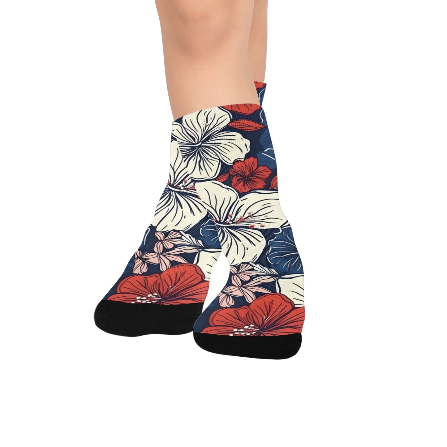 USA/American Flag Inspired Hawaiian Floral Pattern Kid's Custom Socks (Made in the USA)