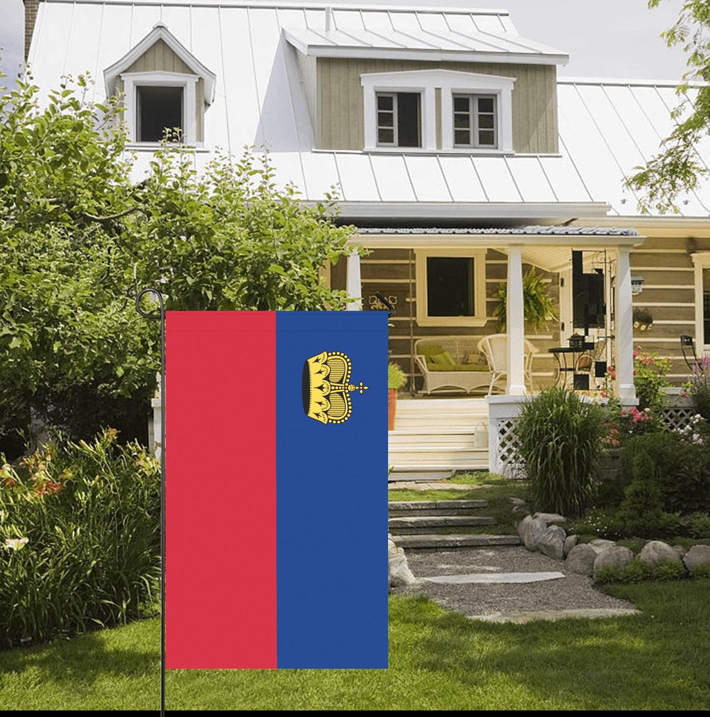 House with Luv My Flag in garden, Liechtenstein design.