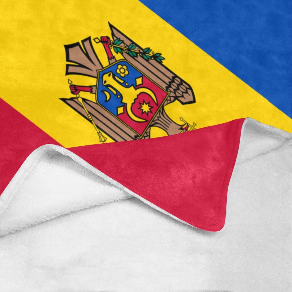 Red, yellow, blue blanket, Moldova emblem, cozy fleece lining, Luv My Flag.