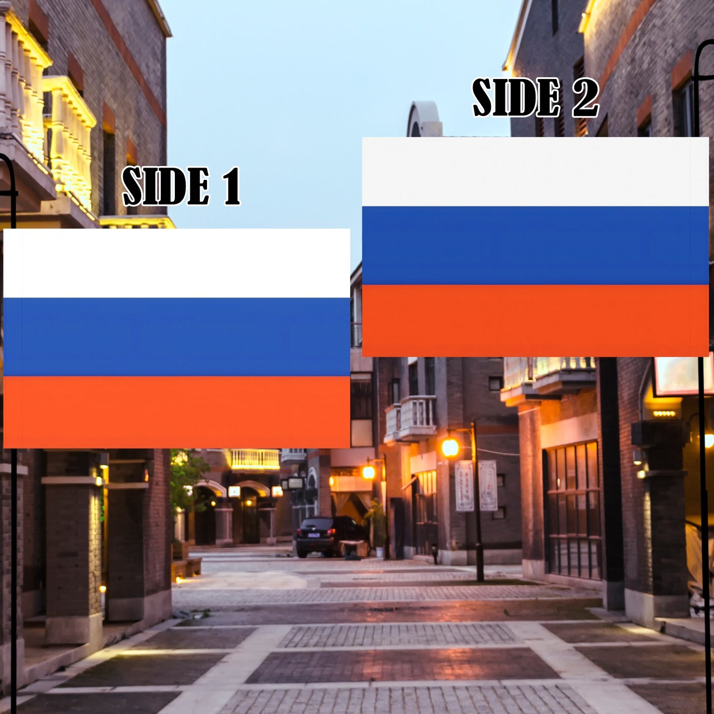 Luv My Flag displays Russian flags on urban street.