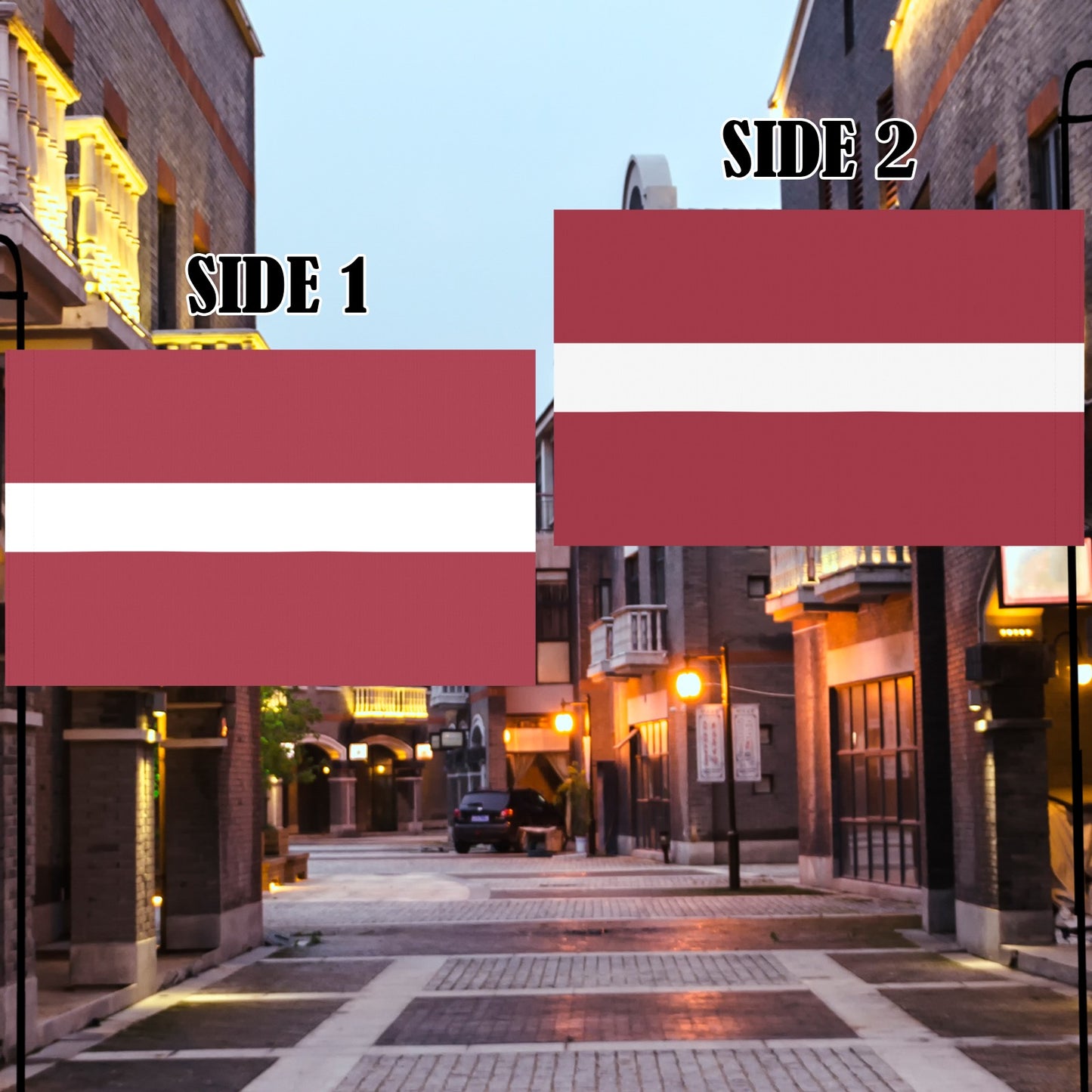 Luv My Flag: Two-sided flags displayed in urban setting.