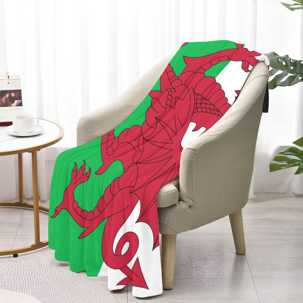 Cozy chair with Luv My Flag dragon-themed blanket.