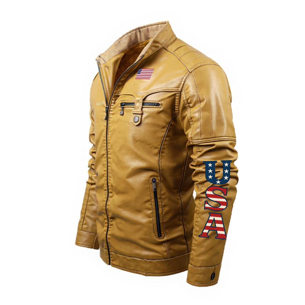 USA/American Flag Inspired Plush Fleece Decorative Zipper Faux Leather Jacket