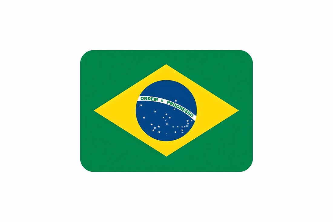 Brazil flag with green field, yellow diamond, and blue globe reading “Ordem e Progresso”