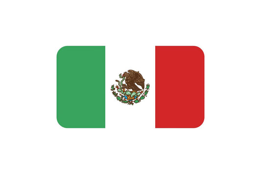 Mexico flag with green, white, and red vertical stripes and a central emblem showing an eagle devouring a serpent atop a cactus, symbolizing Mexican heritage and Aztec legend