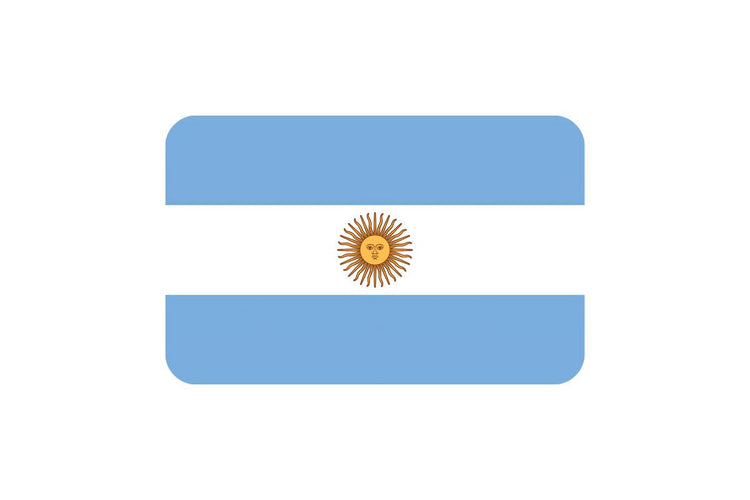 Argentina flag with three horizontal bands of light blue, white, and light blue, featuring a golden Sun of May centered on the white stripe.