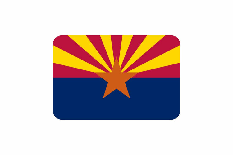 Arizona state flag with a copper-colored star in the center, 13 red and yellow rays on the top half, and a solid blue bottom half.