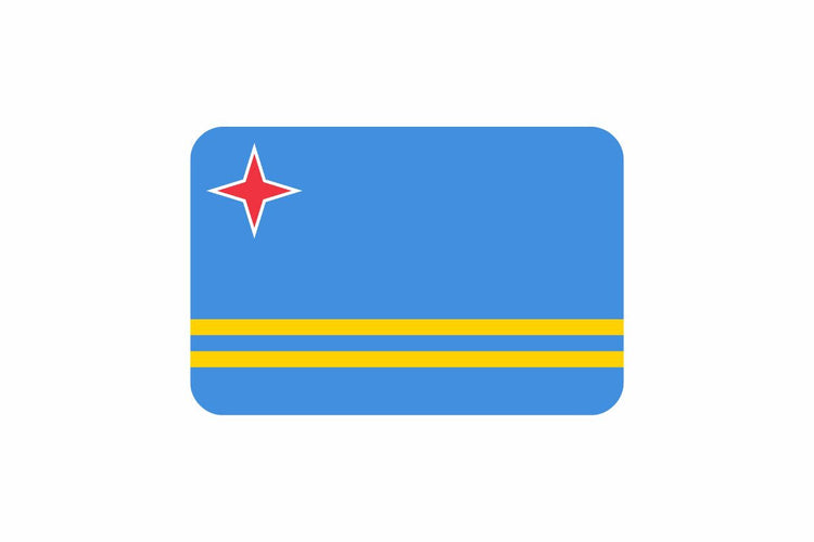 Aruba flag with a light blue background, two narrow horizontal yellow stripes near the bottom, and a red four-pointed star with a white outline in the top left corner.
