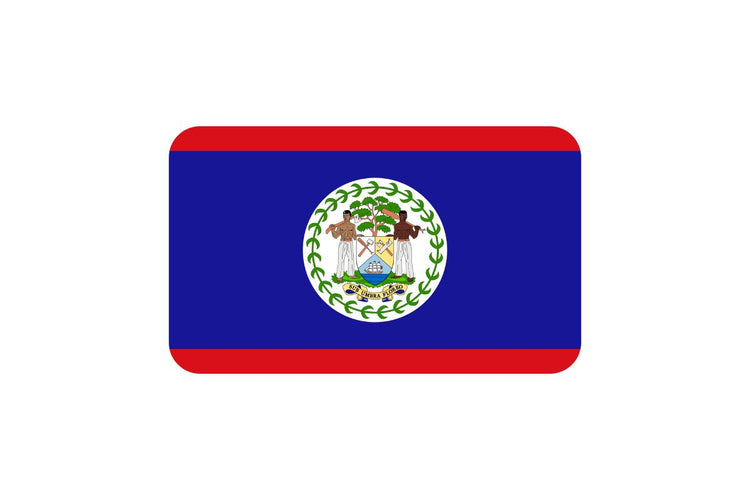 Belize flag with a red stripe at the top and bottom, a blue field in the center, and the national coat of arms inside a white circle at the center.