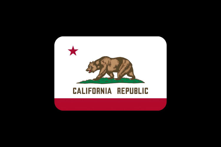 California state flag featuring a grizzly bear walking on grass, a red star in the top left, the words “California Republic,” and a red stripe along the bottom.