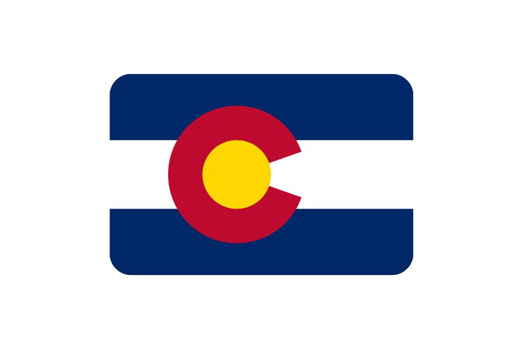 Colorado state flag with three horizontal stripes: blue on the top and bottom, white in the center, and a circular red “C” filled with a golden disc in the middle.