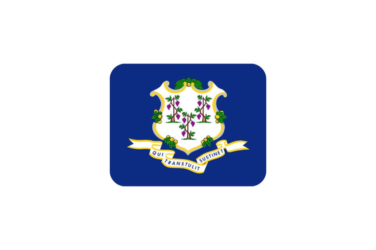 Connecticut state flag with a royal blue field featuring a white baroque shield with three grapevines and a banner below reading “Qui Transtulit Sustinet.”