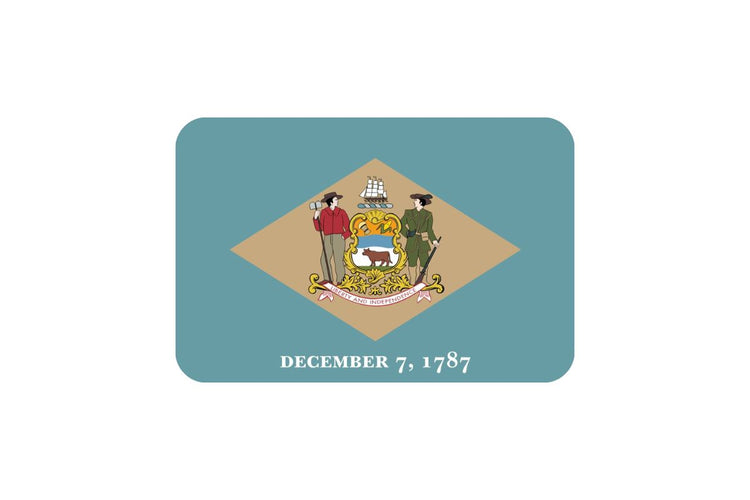 Delaware state flag with a colonial blue field featuring a buff-colored diamond in the center containing the state coat of arms and the date December 7, 1787 below.