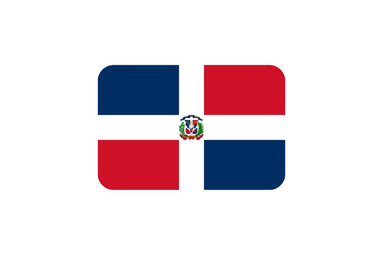 Dominican Republic flag divided into four rectangles—blue top left and bottom right, red top right and bottom left—with a white cross in the center and the national coat of arms at the intersection.