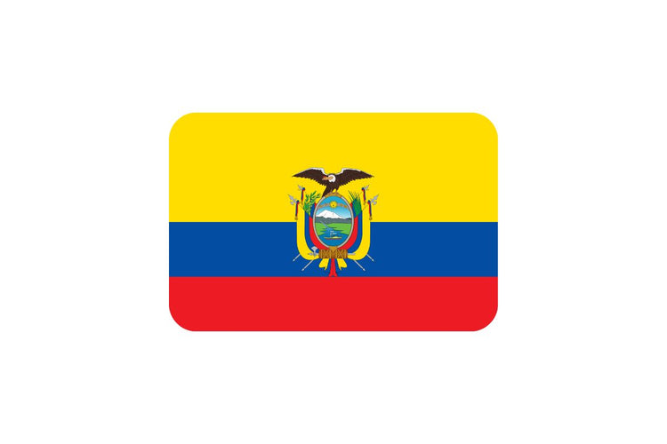 Ecuador flag with horizontal stripes in yellow (top, double width), blue, and red, featuring the national coat of arms centered on the yellow and blue bands.