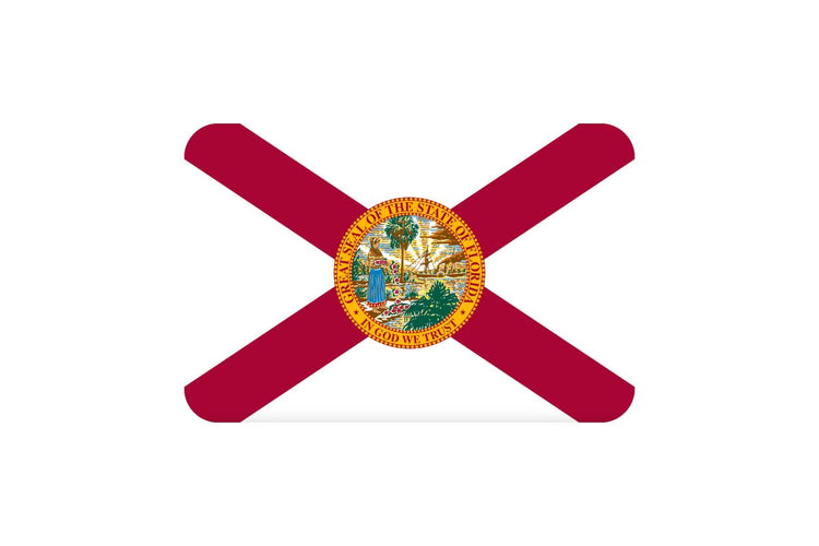 Florida state flag with a white field and a red diagonal cross, featuring the state seal in the center depicting a Seminole woman, a steamboat, a sabal palm, and the sun.