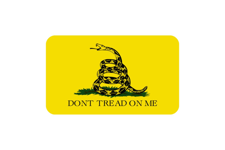 Gadsden flag featuring a coiled rattlesnake on green grass against a yellow background, with the words DONT TREAD ON ME in bold black letters beneath.