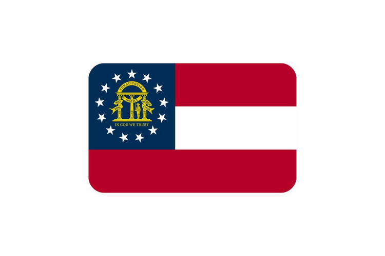 Georgia state flag with three horizontal stripes of red, white, and red, and a blue canton featuring a gold state seal surrounded by 13 white stars.