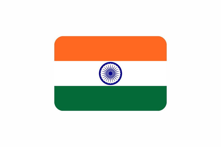 India flag with three horizontal stripes in saffron, white, and green, featuring a navy blue Ashoka Chakra wheel with 24 spokes centered on the white stripe.