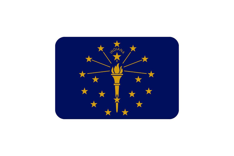 Indiana state flag with a dark blue field featuring a gold torch surrounded by 19 stars, with rays radiating outward and the word “Indiana” above the torch.