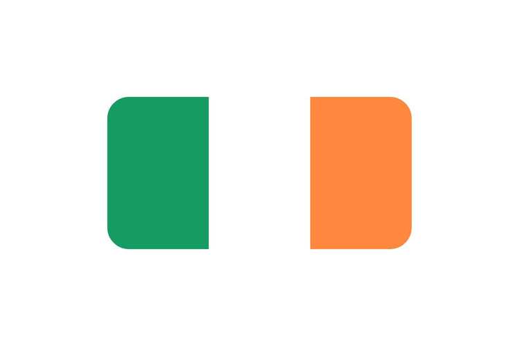 Ireland flag with three vertical stripes in green, white, and orange from left to right.