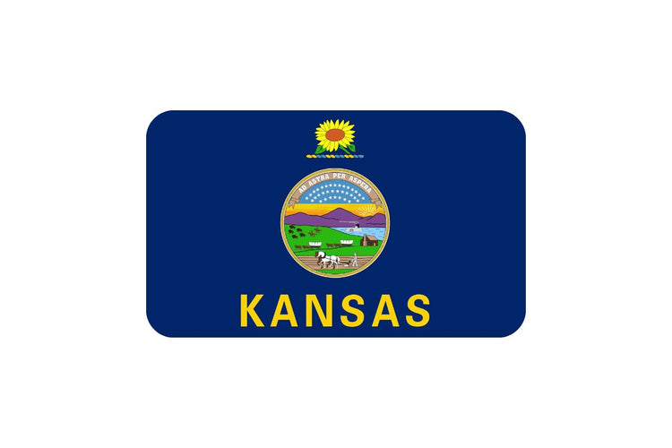 Kansas state flag with a dark blue field featuring the state seal above a gold sunflower and the word “KANSAS” in bold yellow letters at the bottom.