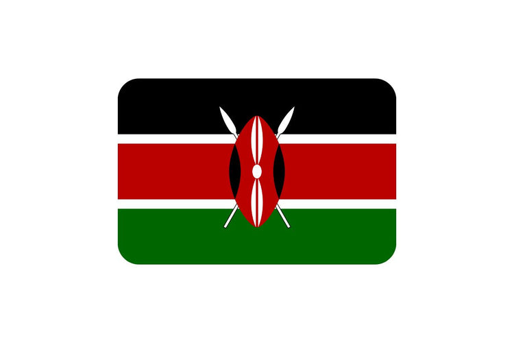 Kenya flag with horizontal stripes of black, white-edged red, and green, featuring a traditional Maasai shield and two white spears crossed behind it in the center.