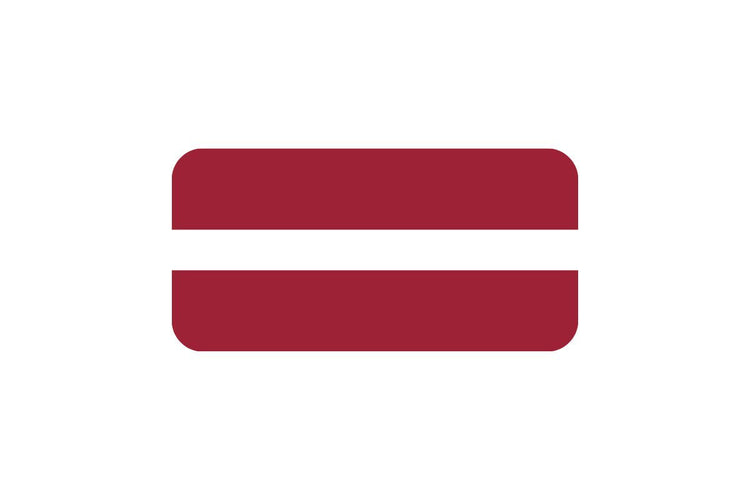 Latvia flag with two horizontal maroon stripes on the top and bottom and a narrower white stripe in the center.