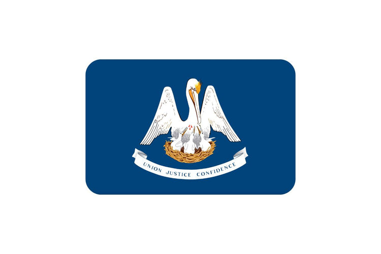 Louisiana state flag with a blue field featuring a white pelican feeding its young in a nest, with a ribbon below reading “Union, Justice, Confidence.”