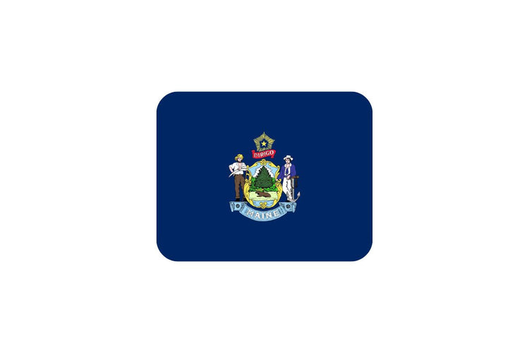 Maine state flag with a blue field featuring the state coat of arms: a shield with a moose resting under a pine tree, flanked by a farmer and a sailor, and a banner reading “Dirigo” above a North Star.