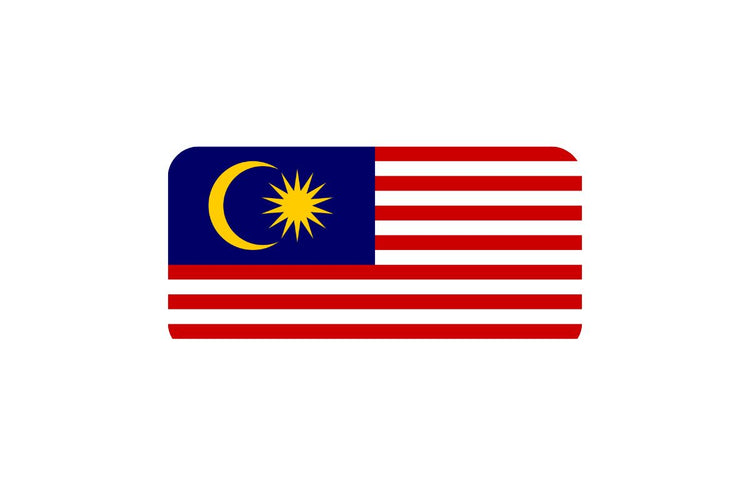 Malaysia flag with 14 alternating red and white horizontal stripes, a blue canton in the upper left corner containing a yellow crescent and a 14-point star.