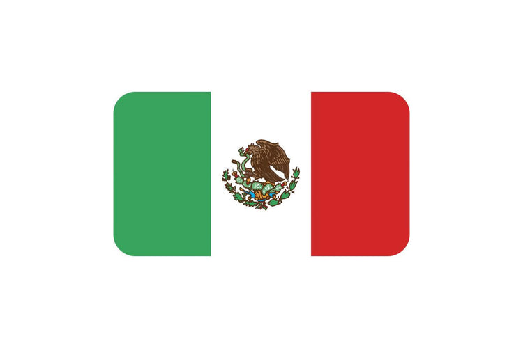 Mexico flag with three vertical stripes in green, white, and red, featuring a national coat of arms with an eagle perched on a cactus holding a serpent centered on the white stripe.