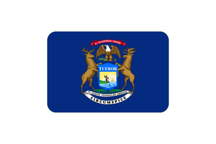 Michigan state flag with a dark blue field featuring the state coat of arms: a shield with a man, elk, and moose, an eagle above, and the Latin mottos including “E Pluribus Unum.”